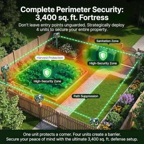 4Pack Upgraded Deer Repellent Devices Solar Ultrasonic Animal Repellent Outdoor with Motion Sensor Strobe Light for Squirrel Raccoon Rabbit Cat Bird Volume Control Keep Pests Out of Yard Farm