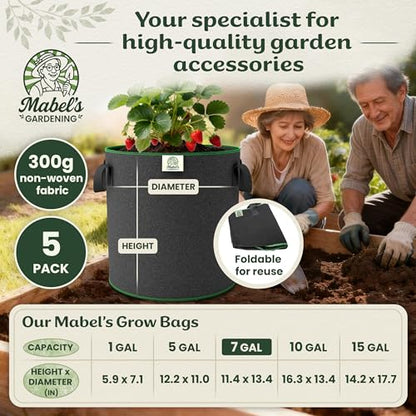 Mabel's Gardening 5-Pack 7 Gallon Grow Bags - Garden Planting Bags 13.4 x 11.4 INCH Made of 8.85 oz/yd² (300g/m²) Felt & Fleece Fabric Plant Pot, Plant Bag, Grow Bag for Cucumber Tomato Zucchini - color: 5-pack, size: 7 Gallon