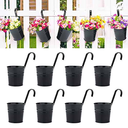KINGLAKE Flower Pots,10 Pcs Metal Iron Hanging Flower Plant Pots Balcony Garden Plant Planter Baskets Fence Bucket Pot 4'' Flower Holders with Detachable Hook Black - color: Black, size: 4 Inch