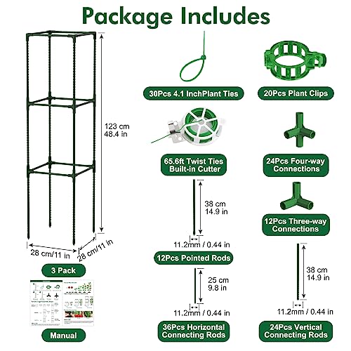 ROADPLUM 3 Pack 48" Tomato Cages for Garden, Plastic Coated Steel Pipe Heavy Duty Adjustable Tomato Stakes Trellis Plant Cages for Vegetable, Fruit, Flower, Rose Vine Climbing Plants