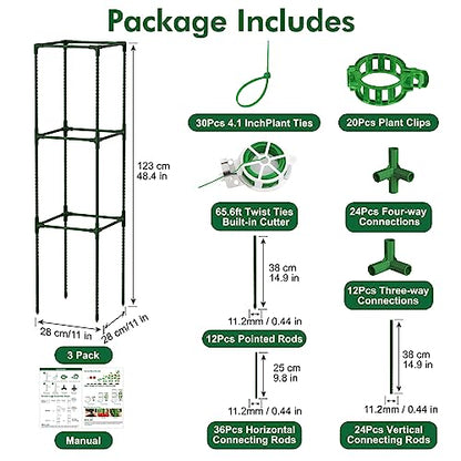 ROADPLUM 3 Pack 48" Tomato Cages for Garden, Plastic Coated Steel Pipe Heavy Duty Adjustable Tomato Stakes Trellis Plant Cages for Vegetable, Fruit, Flower, Rose Vine Climbing Plants