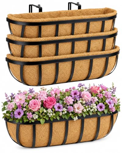 Y&M Railing Planter Boxes 24 Inch 2 Pack, 2-in-1 Adjustable Hanging Balcony Planters with Coco Liners, Heavy Duty Window Box Planters with Support Rods for Outdoor Garden - size: 24in 4P