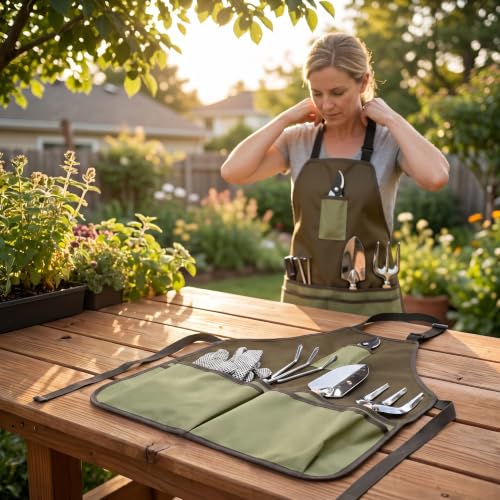 Gardening Apron with 5 Pockets Canvas Tool Apron with Adjustable Straps Waterproof Work Apron for Gardening DIY & Floral Arranging - color: Apron