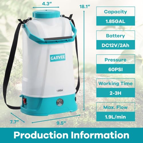 Garvee 1.85Gal 12V Battery Sprayer,0-60PSI, Nozzle & Wand,2Ah Battery - size: 1.85 Gallon