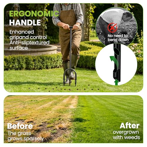 Manual Lawn Core Aerator Tool – Heavy Duty Hand Soil Aerator with 3 Hollow Tines, Pre-Assembled Lawn & Garden Plug Remover for Grass Growth & Soil Improvem