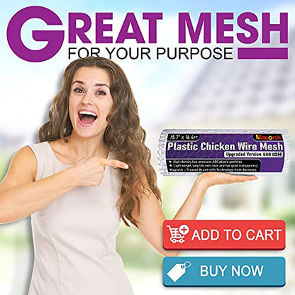MaPorch Plastic Chicken Wire Mesh Fence with Scissors - White Mesh, 15.7" x 16.4 ft - Quick-Install Chicken Wire Fencing - Durable Garden Netting Plant Protectors from Animals - Pet & Poultry Netting