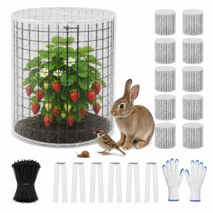 Plant Cages with Insect-Proof Netting, 10 Sets 30Pcs Wire Plant Protectors, 14" H x 13" D Cylinder Mesh Covers with Zip Ties & Ground Stakes, Animal Barrier for Rabbits Chickens Vegetables Flowers - color: 10 Pack With Netting