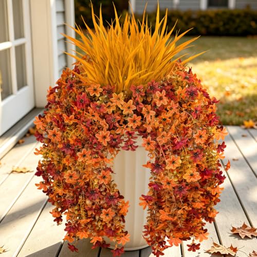 7PCS Artificial Fall Hanging Flowers for Outdoor, Six-Petaled Faux Mums - color: Orange