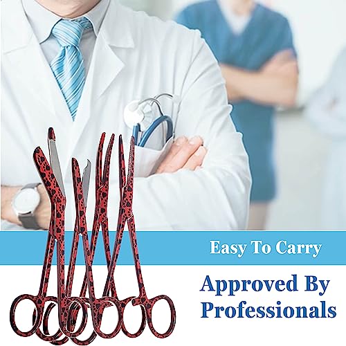 5 pc Bandage Scissors 5.5", Stitch Scissors 4.5", Hemostat 5.5" Straight & Curved, Diagnostic Penlight Made of Premium Quality Stainless Steel - For Training Emergency Supplies & First Aid Kit (Red) - color: Red