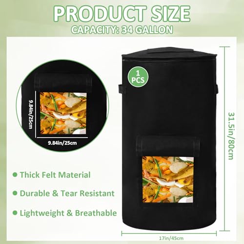 Compost Bins Outdoor, 34 Gallon Home Compost Bucket with Handles, Heavy Duty Nonwoven Fabric Yard Waste Bag, Collapsible Felt Pouch for Leaves, Grass, and Kitchen Scraps