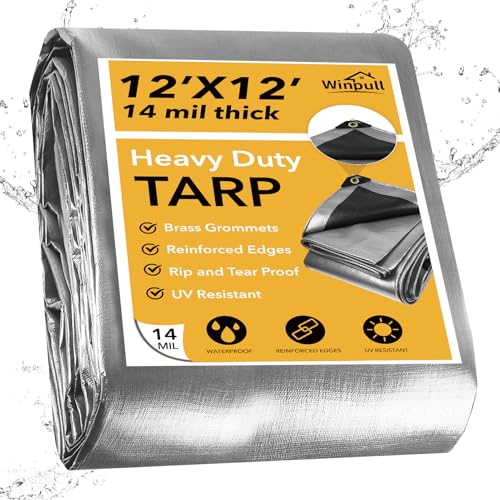 Winpull Heavy Duty Tarp 14 Mil Tarp Waterproof Silver 12x12 FT, UV Resistant Poly Tarp with Reinforced Grommets for Camping, Boat Cover, Patio Furniture, Roof, Firewood Pile - color: Silver/Black-14mil, size: 12'x12'