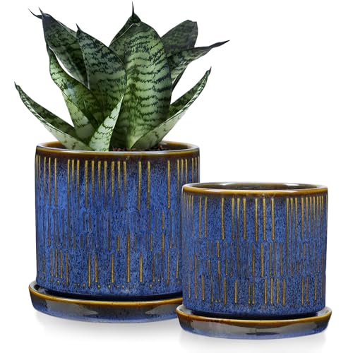 GnFlus Ceramic Plant Pots with Drainage Holes, Set of 2, 4.3+5.1 Inch Stripe Garden Planter Pots for Outdoor Indoor Plants Flower, Round Succulent Orchid Flower Pot Blue - color: Blue & Gold