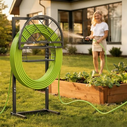 Garden Hose Holder Heavy Duty Water Hose Holder with Storage Basket,Holds Up to 165FT Hose, Freestanding Outdoor Hose Hanger with 4 Spikes Sturdy Hose Stand, for Outside Yard Lawn Patio - color: All Black