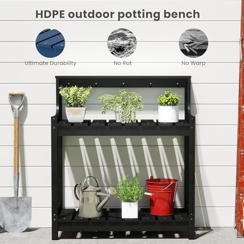 Domi 3-Tier Potting Benches for Outside, HDPE Outdoor Potting Table, Black - color: Black