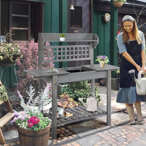 39" Wooden Garden Potting Bench Work Table with Sliding Tabletop, Dry Sink, Hidden Storage, Upper Shelf & Bottom Shelf, Gray