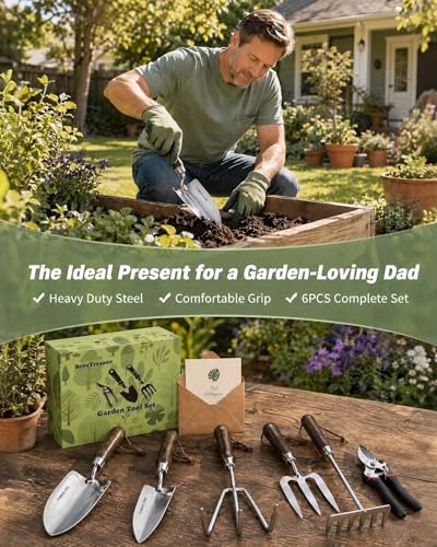 Garden Tool Set, 6PCS Heavy Duty Stainless Steel Gardening Hand Tools with Ropes, Includes Hand Cultivator Shovel Trowel Transplanter 2-in-1 Hoe Pruner, Ideal Gardening Gifts for Women Men (Upgrade)