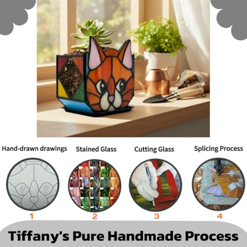 Star Orange Cat Planter, Stained Glass Flower Pot, Art Deco Style, Indoor Plant Container with Drainage Hole, 4.6x3x5.15 Inches - color: Orange