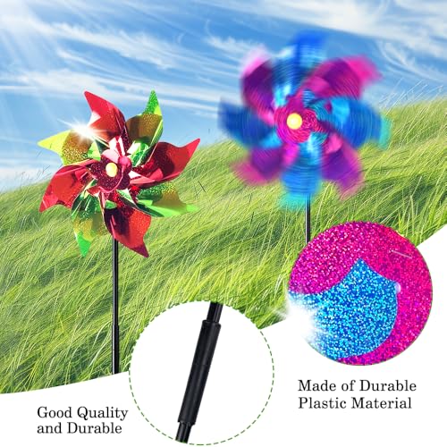 10 Pack Garden Pinwheels with Plastic Stakes | 20 inch Sparkle Pin Wheel Set to Scare Off Birds and Animals Away | Great Pinwheels for Yard and Garden