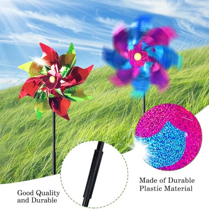 10 Pack Garden Pinwheels with Plastic Stakes | 20 inch Sparkle Pin Wheel Set to Scare Off Birds and Animals Away | Great Pinwheels for Yard and Garden
