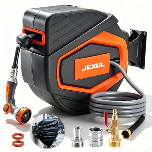 Retractable Garden Hose Reel 1/2 Inch x 100+10 ft, Wall Mount Metal Base