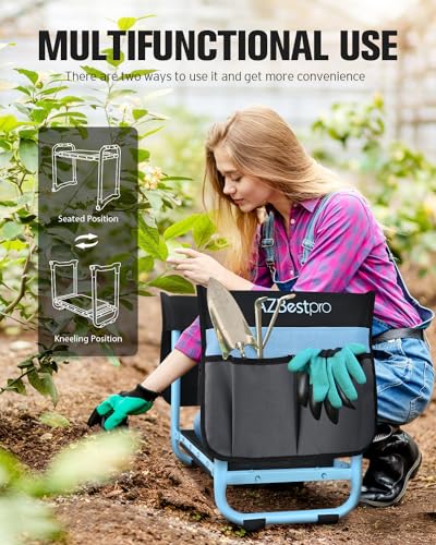 AZBESTPRO Garden Kneeler and Seat, Upgraded Foldable Heavy Duty Gardening Stool - Widened to 10" Stable Wear-Resistant Prevent Knee and Back Pain, Bench High-End 2 Large Tool Bags Gift for Men Women - color: Pool