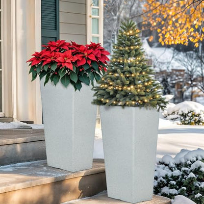 Autodaya 28" Plant Pots Tall Planters for Outdoor Plants Set of 2 with Tray - color: Tall Terrazzo White-28"
