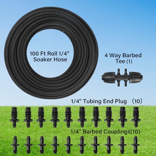 MIXC 100ft Soaker Hose, 1/4" Drip Irrigation Tubing Kits with Fittings - size: 100ft