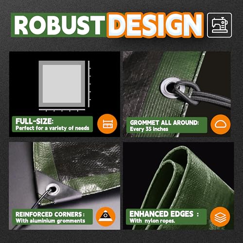 RAINDEWAY 7x15 Feet Tarp Waterproof,9Mil Green/Black Poly Tarps Cover - color: Green/Black, size: 7x15 Feet-Finished size