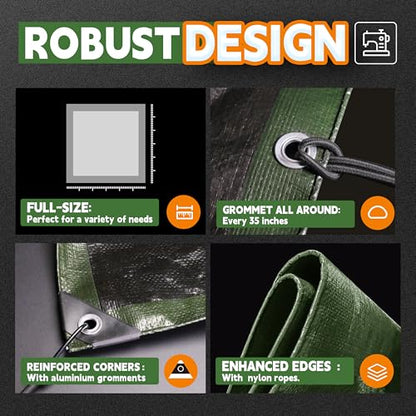 RAINDEWAY 7x15 Feet Tarp Waterproof,9Mil Green/Black Poly Tarps Cover - color: Green/Black, size: 7x15 Feet-Finished size