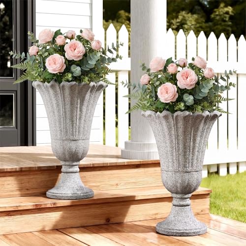 Tall Plastic Urn Planters and Pedestal - 24" Outdoor Planter Gray - color: Grey-petal