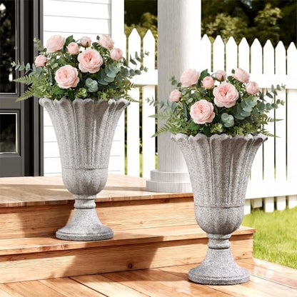 Tall Plastic Urn Planters and Pedestal - 24" Outdoor Planter Gray - color: Grey-petal