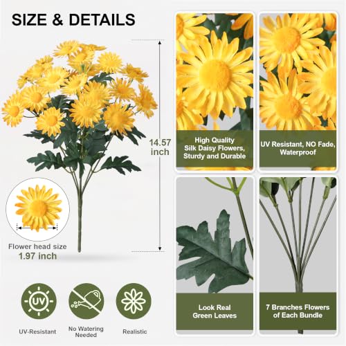 HyeFlora Artificial Fall Faux Mums Flowers Outdoor Plants for Decoration, 6 Bundles Fake Silk Yellow Gerbera Daisy Flowers UV Resistant Look Real for Planter Outside Front Door Porch Patio Balcony - color: Yellow-gerbera