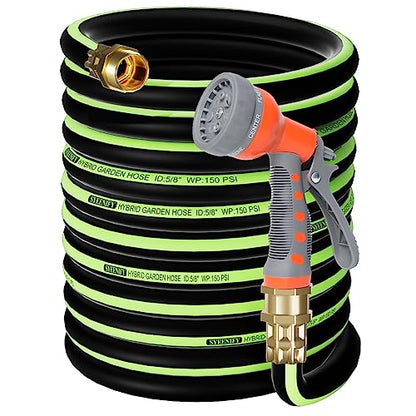 Kink Free Garden Hose 100ft 5/8", Heavy Duty Hybrid Water Hose, Ultra Durable Flexible Rubber Hose with Sprayer Nozzle,Leakproof Yard Outdoor Hose with Brass Solid Connector - size: 100FT