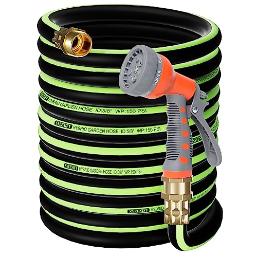 Kink Free Garden Hose 100ft 5/8", Heavy Duty Hybrid Water Hose, Ultra Durable Flexible Rubber Hose with Sprayer Nozzle,Leakproof Yard Outdoor Hose with Brass Solid Connector - size: 100FT