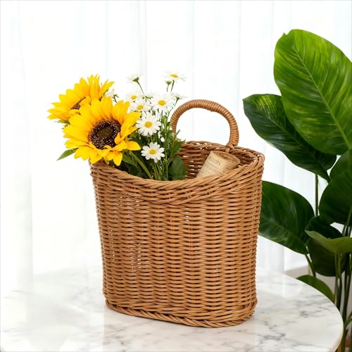Woven Hanging Wicker Basket for Front Door, Handmade Rattan Hanging Wall Baskets for Garden Farmhouse Home