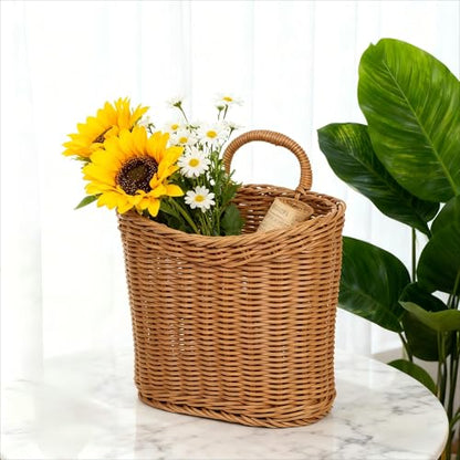 Woven Hanging Wicker Basket for Front Door, Handmade Rattan Hanging Wall Baskets for Garden Farmhouse Home