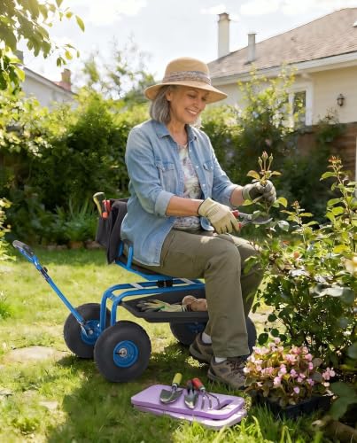 Garvee Heavy Duty Garden Cart, Garden Scooter Rolling Workseat - color: Blue With Backrest