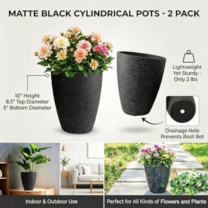 10 Inch Garden Planter Lightweight Indoor Outdoor Pots with Drainage Hole for Potted Plants Flowers Greenery, Set of 2, Black Grain Texture - color: Black Grain Texture
