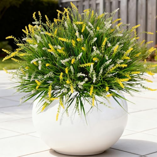 Ammyoo Artificial Plants Fake Monkey Grass for Outdoor Porch Decorations - color: Yellow White, size: 12 Pcs