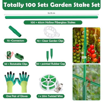 Cludoo 342PCS Garden Stakes Set with 100 Sets Fiberglass Plant Stakes Sticks Supports and Accessories, DIY 4ft 5ft 6ft 7ft Tomato Stakes for Tomato,Vegetables, Pepper, Indoor Outdoor Spring Plants - size: 100 sets