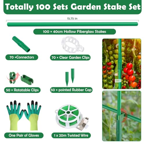 Cludoo 342PCS Garden Stakes Set with 100 Sets Fiberglass Plant Stakes Sticks Supports and Accessories, DIY 4ft 5ft 6ft 7ft Tomato Stakes for Tomato,Vegetables, Pepper, Indoor Outdoor Spring Plants - size: 100 sets