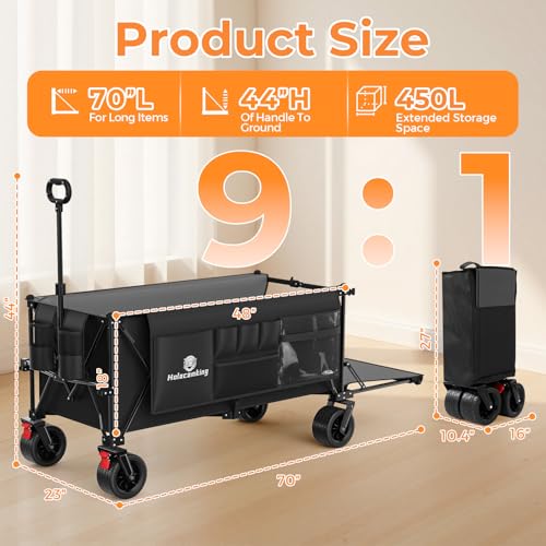 70”L Extender Collapsible Wagon, Extra Long Foldable Wagon Cart with Extended Tailgate, Heavy Duty Rolling Utility Cart with All-Terrain Big Wheels for Transport Sports Beach, Black