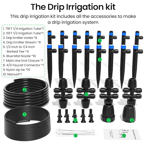 MIXC Drip Irrigation System,Quick Connector Garden Watering System Automatic Sprinkler System Kit for Lawn Raised Bed Greenhouse Plant Watering System (16FT Main Tube+ 79FT 1/4'' Tube) - size: 16FT Main tube+ 79FT 1/4'' tube