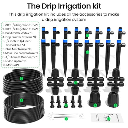 MIXC Drip Irrigation System,Quick Connector Garden Watering System Automatic Sprinkler System Kit for Lawn Raised Bed Greenhouse Plant Watering System (16FT Main Tube+ 79FT 1/4'' Tube) - size: 16FT Main tube+ 79FT 1/4'' tube