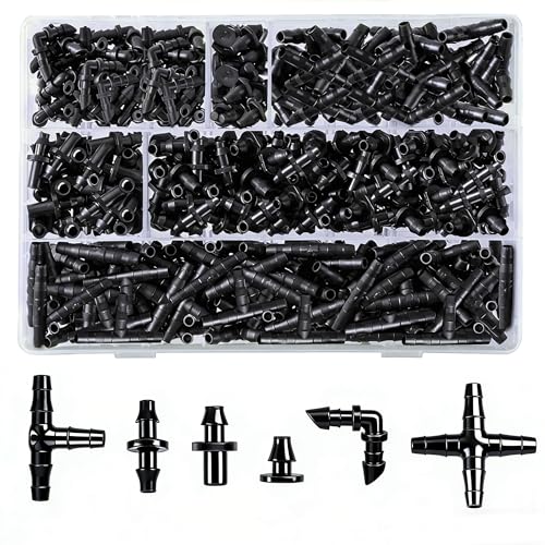 Dianrui 220 PCS Drip Irrigation Kit, Drip Irrigation Parts 1/4'' Tubing Fittings Kit for Garden Lawn Flower Sprinkler Systems-End Plug/ 4-Way Connector/Single barbs/Straight Barbs/Oblique Barbed Tees - style: TypeC