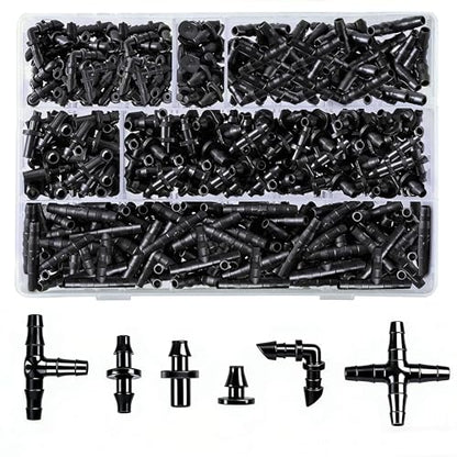 Dianrui 220 PCS Drip Irrigation Kit, Drip Irrigation Parts 1/4'' Tubing Fittings Kit for Garden Lawn Flower Sprinkler Systems-End Plug/ 4-Way Connector/Single barbs/Straight Barbs/Oblique Barbed Tees - style: TypeC