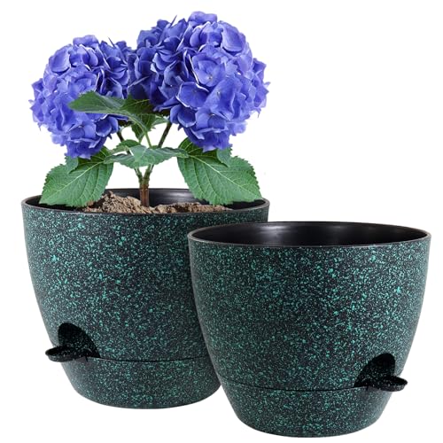 WSMKSZ 10 inch Self Watering Pots, Planter, Plant Pots with Mesh Drainage Holes for Indoor Outdoor House Plants and Garden, 2 Pack Plastic Flower Pots with Reservoir, Black with Green Speckles - color: Black With Green Speckles, size: 10inch 2pcs