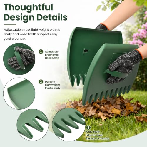 Leaf Scoops and Claws with Gardening Gloves, Large Lightweight Plastic Hand Rakes Yard Grabber for Lawn Clippings, Grass & Trash Pick Up, Ergonomic Adjustable Handles(Green) - color: Green