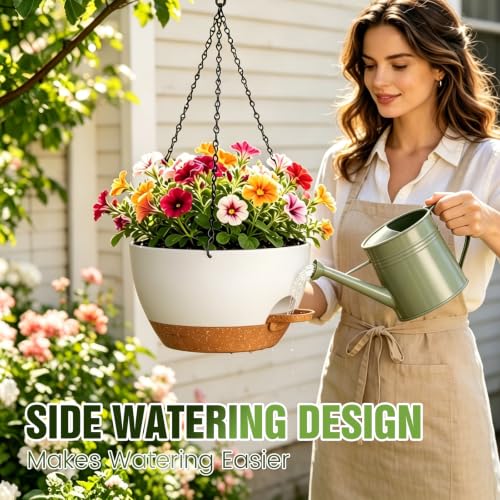 10 Inch Self-Watering Hanging Planters Set of 3 with Saucers - color: White Brown, size: 10 Inch 3 Pack