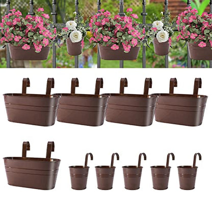 HowRU Metal Iron Flower Pots for Railing Fence Hanging Bucket Pots(5 Pcs) and Hanging Flower Pots Metal Iron Bucket Planter(10 Pcs) (Bronze) - color: Bronze